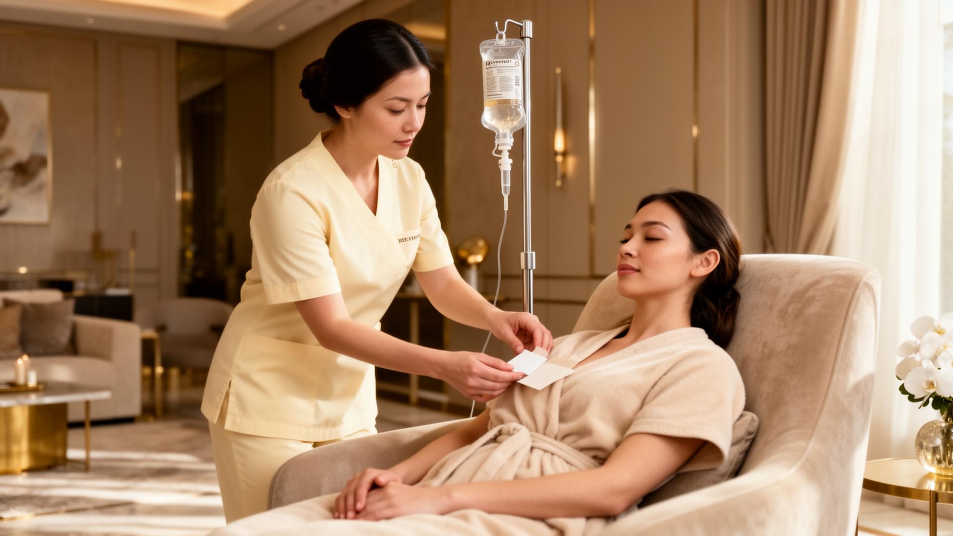 Registered nurse administering IV vitamin therapy to a client in a luxurious home setting