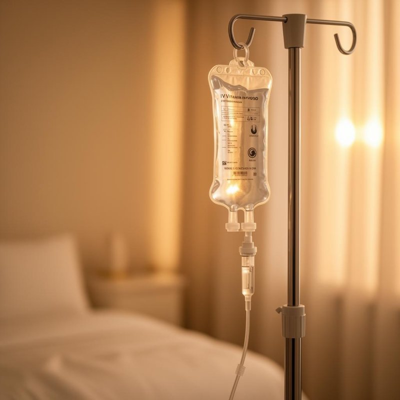 IV vitamin infusion bag with golden afternoon light